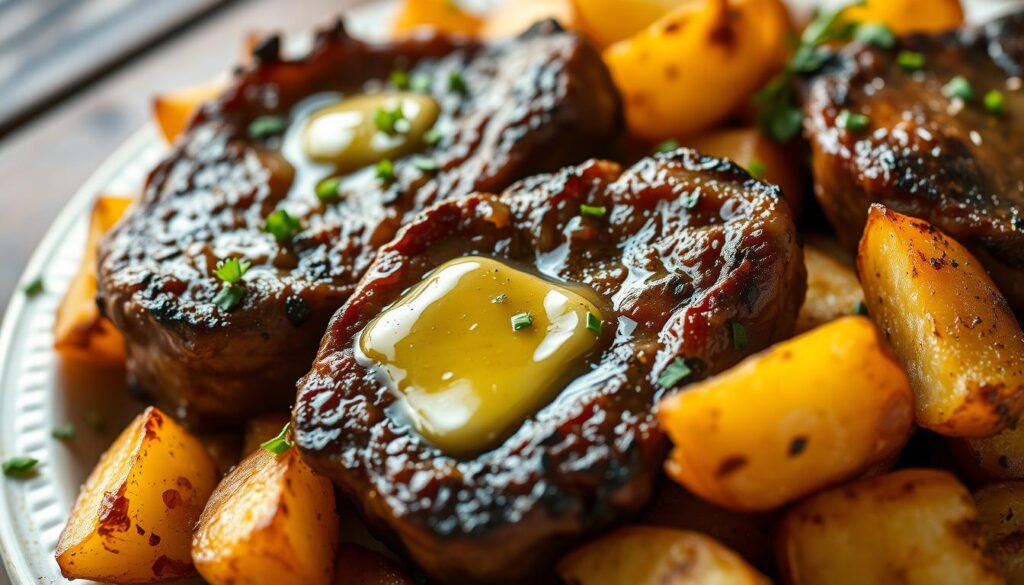 garlic butter steak bites and potatoes