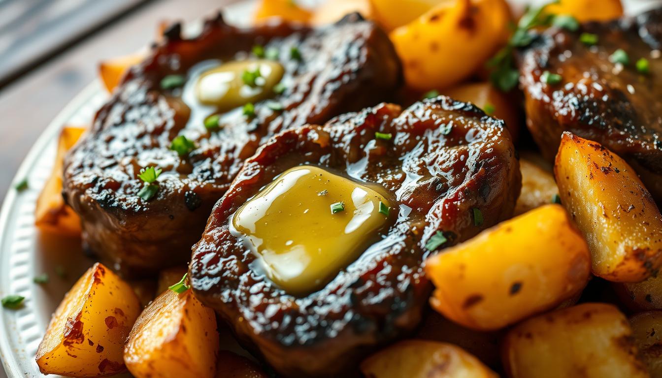 garlic butter steak bites and potatoes