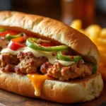 A Chicken Philly Cheesesteak sandwich with grilled chicken, melted cheese, sautéed onions, and bell peppers served on a toasted hoagie roll, surrounded by crispy golden fries.