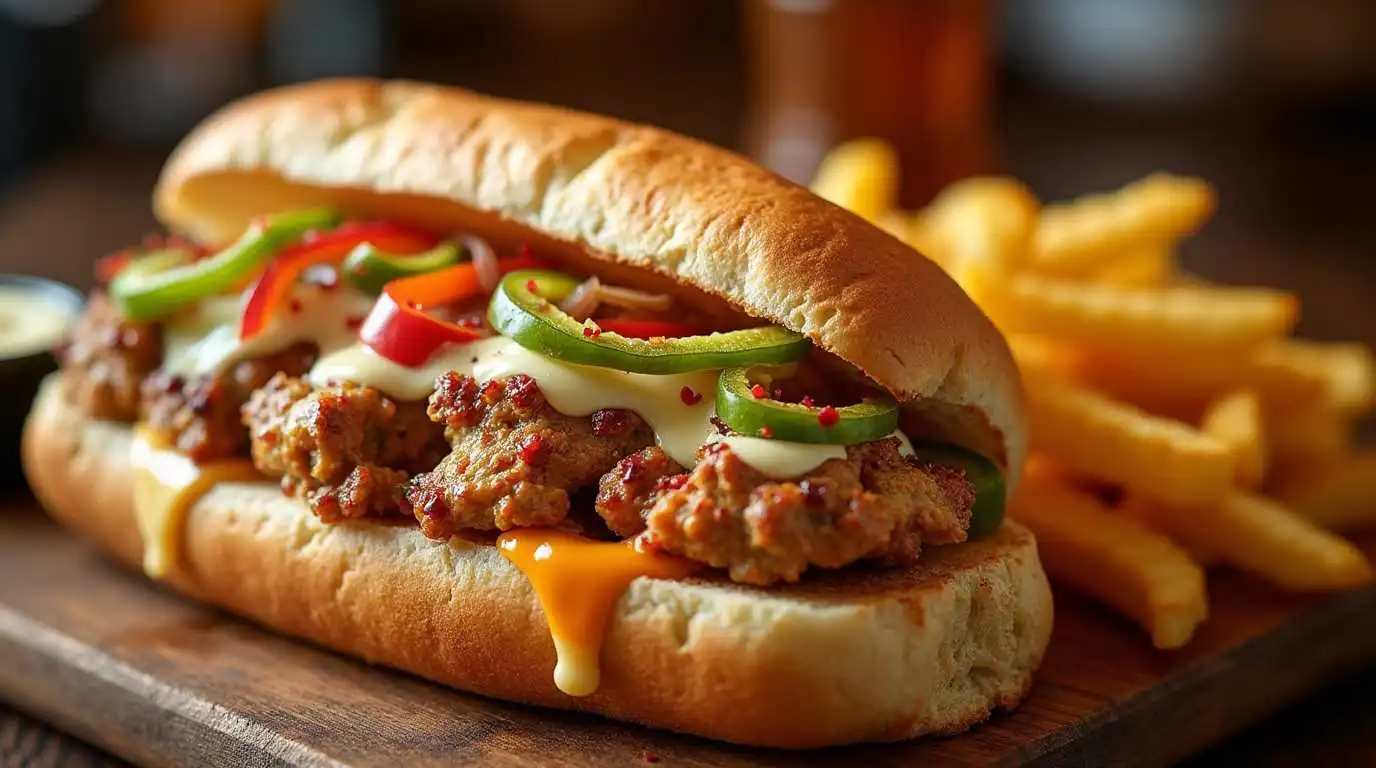 A Chicken Philly Cheesesteak sandwich with grilled chicken, melted cheese, sautéed onions, and bell peppers served on a toasted hoagie roll, surrounded by crispy golden fries.