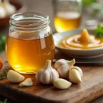 A rustic arrangement featuring a jar of golden honey, fresh garlic bulbs, and garlic cloves on a wooden cutting board, complemented by herbs and a honey dipper.