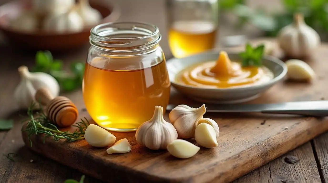 A rustic arrangement featuring a jar of golden honey, fresh garlic bulbs, and garlic cloves on a wooden cutting board, complemented by herbs and a honey dipper.