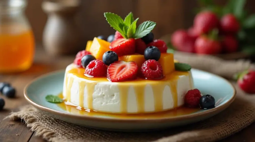 A beautifully plated cottage cheese dessert topped with fresh berries, honey drizzle, and garnished with mint leaves on a rustic wooden table.