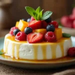 A beautifully plated cottage cheese dessert topped with fresh berries, honey drizzle, and garnished with mint leaves on a rustic wooden table.
