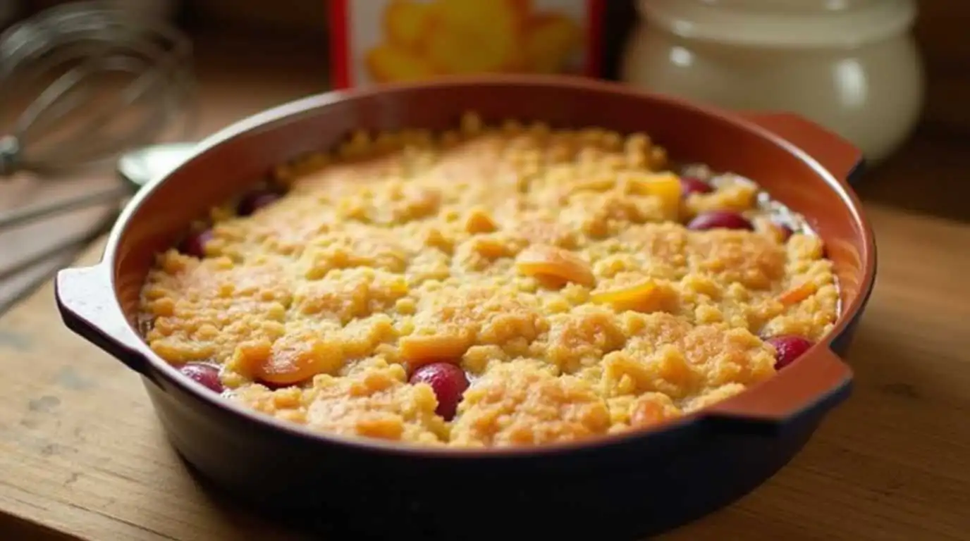 Freshly baked cake mix cobbler in a round ceramic dish with golden crust, visible peach and cherry pieces, and baking tools in the background.