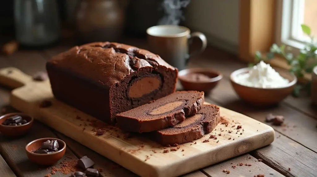 Freshly baked chocolate bread loaf on a wooden cutting board with ingredients like cocoa powder, chocolate chunks, and a whisk in the background."