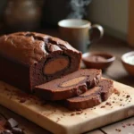 Freshly baked chocolate bread loaf on a wooden cutting board with ingredients like cocoa powder, chocolate chunks, and a whisk in the background."