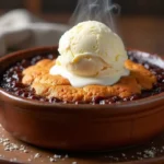 A freshly baked chocolate cobbler with a golden-brown crust and gooey chocolate filling, topped with melting vanilla ice cream in a rustic ceramic dish.