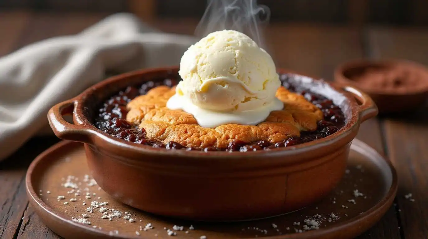 A freshly baked chocolate cobbler with a golden-brown crust and gooey chocolate filling, topped with melting vanilla ice cream in a rustic ceramic dish.