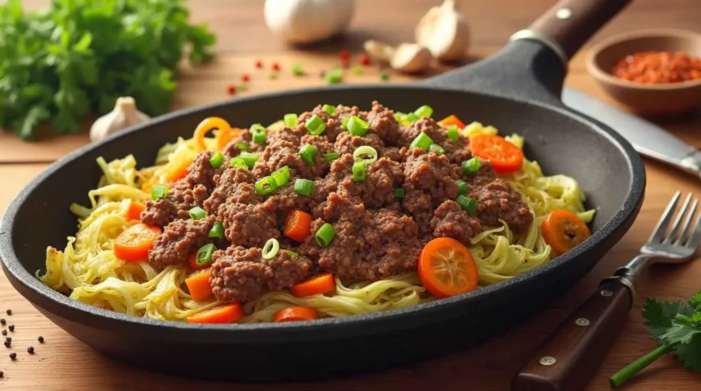 A hearty ground beef and cabbage dish served in a rustic bowl, garnished with green onions and red pepper flakes.