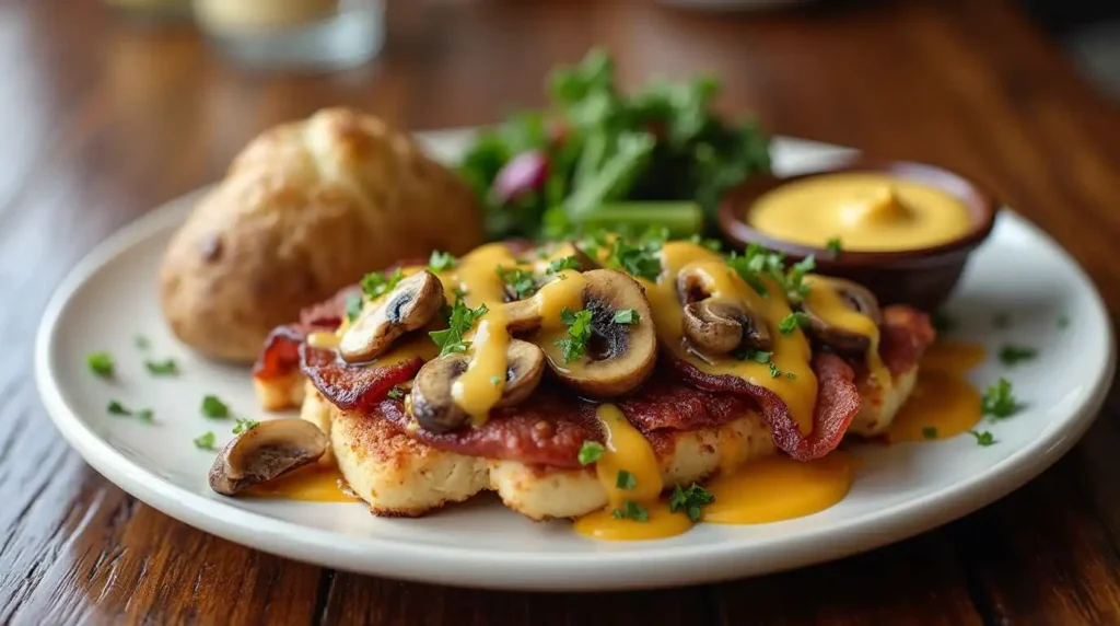 A plate of Alice Springs Chicken Recipe topped with crispy bacon, sautéed mushrooms, and creamy melted cheese, served with a baked potato, fresh arugula salad, and honey mustard sauce on the side.