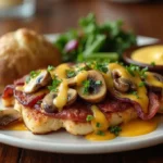 A plate of Alice Springs Chicken Recipe topped with crispy bacon, sautéed mushrooms, and creamy melted cheese, served with a baked potato, fresh arugula salad, and honey mustard sauce on the side.