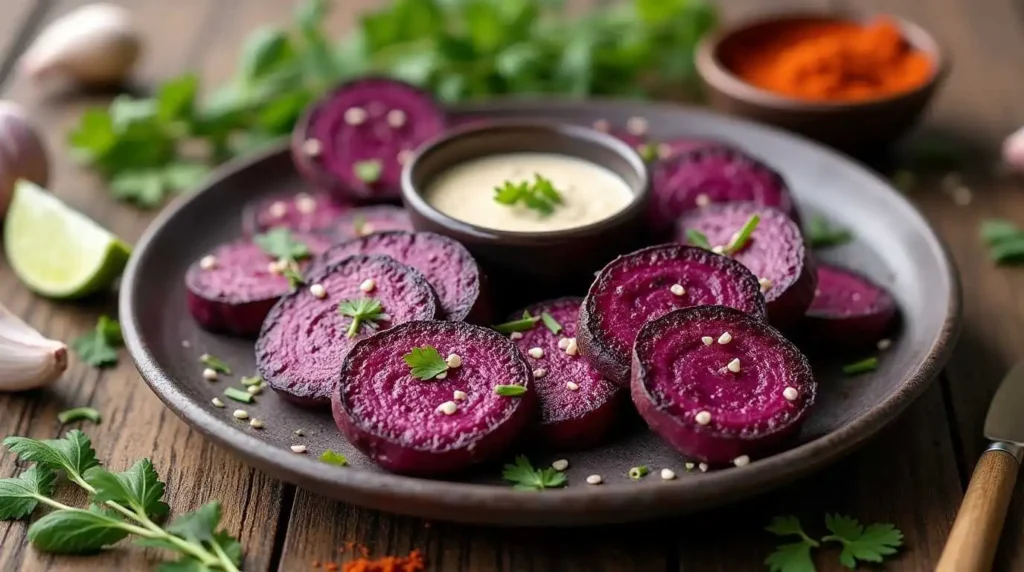 A beautifully plated purple sweet potato recipe featuring roasted wedges garnished with fresh herbs, accompanied by a creamy dipping sauce and lime wedges on a rustic wooden table.