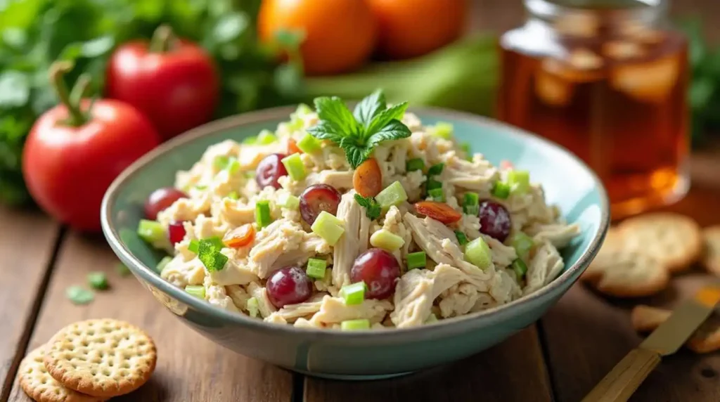 A creamy chicken salad garnished with fresh herbs, served alongside crackers and fresh fruit on a rustic wooden table.