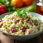 A creamy chicken salad garnished with fresh herbs, served alongside crackers and fresh fruit on a rustic wooden table.