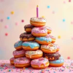 A delicious donut cake topped with colorful frosting, sprinkles, and glazed donuts stacked in layers.