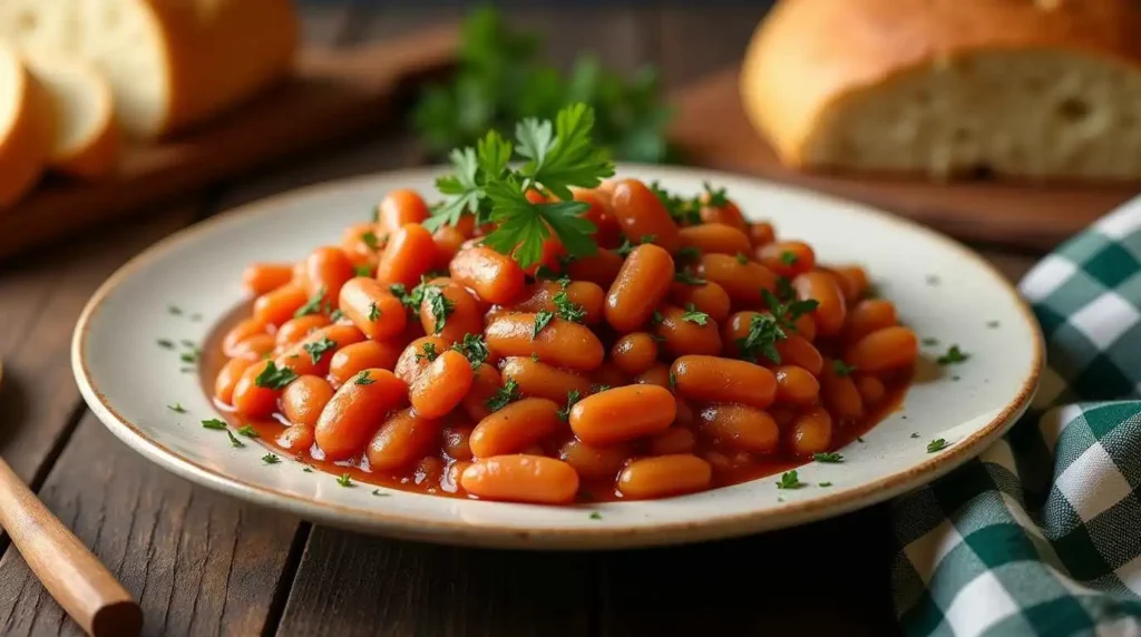 A bowl of baked beans in rich tomato sauce, garnished with fresh parsley, served with cornbread on a rustic wooden table.