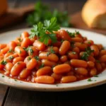 A bowl of baked beans in rich tomato sauce, garnished with fresh parsley, served with cornbread on a rustic wooden table.