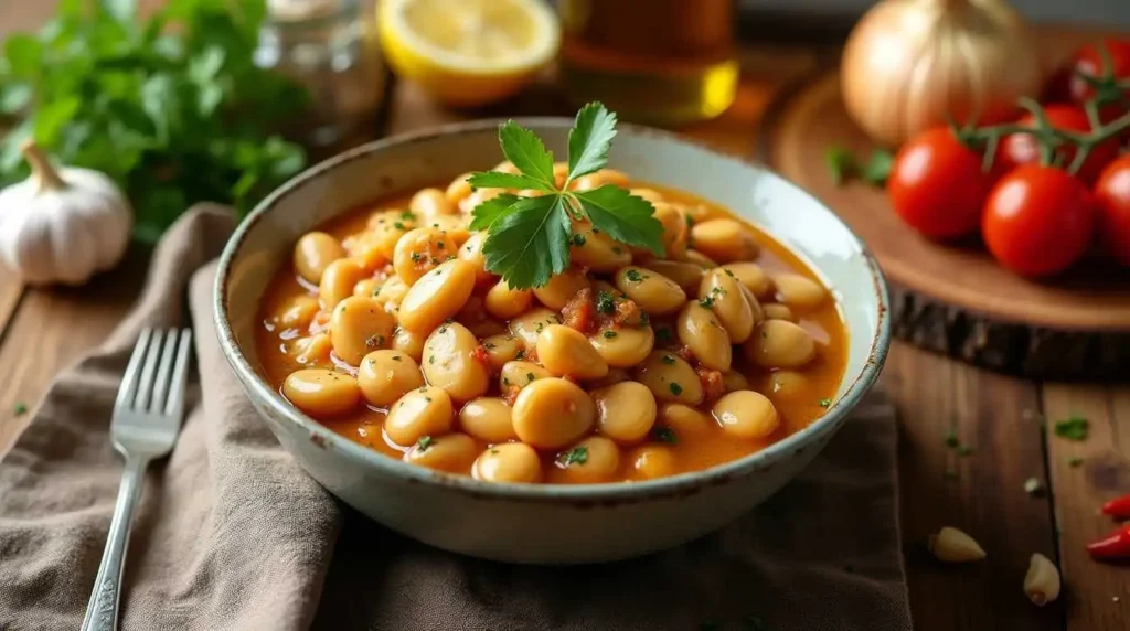 A rustic bowl of creamy butter bean stew garnished with fresh parsley, served on a wooden table with a slice of bread, olive oil, and lemon wedges.