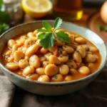 A rustic bowl of creamy butter bean stew garnished with fresh parsley, served on a wooden table with a slice of bread, olive oil, and lemon wedges.