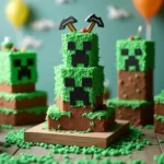 Colorful Minecraft-themed cake designs featuring grass blocks, creepers, TNT, and mini figures of Minecraft characters on a festive table.