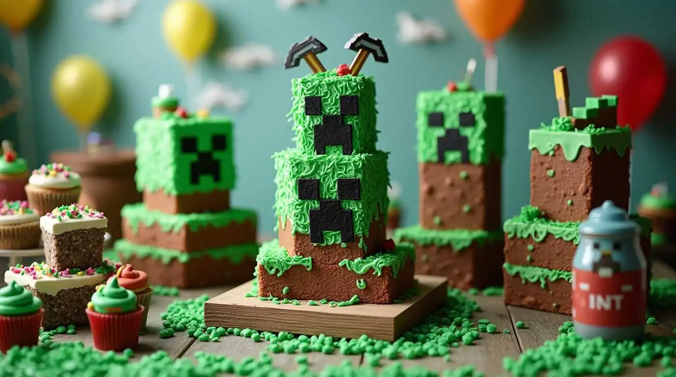 Colorful Minecraft-themed cake designs featuring grass blocks, creepers, TNT, and mini figures of Minecraft characters on a festive table.