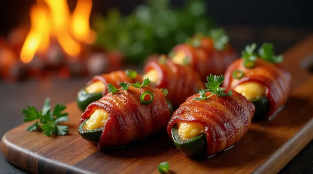 Smoked Armadillo Eggs sliced open to reveal jalapeño, cheese, seasoned ground meat, and crispy bacon layers, served on a rustic platter with barbecue sauce and garnishes.